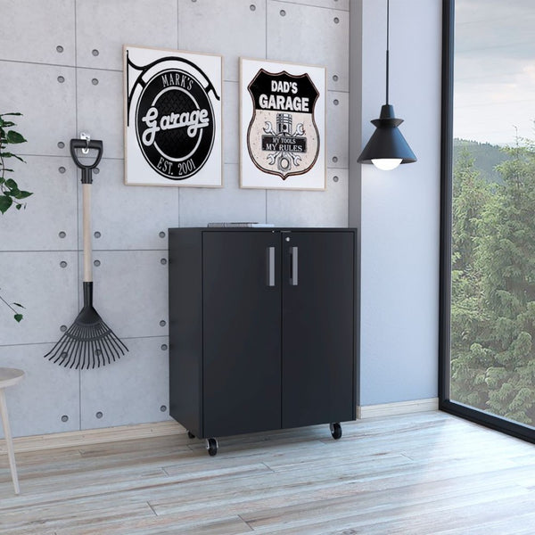 HomeRoots 35" Black Wood Rolling Storage Cabinet - Stylish Mobile Organizer with Hidden Storage & Shelves 479950