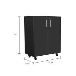 HomeRoots 35" Black Wood Rolling Storage Cabinet - Stylish Mobile Organizer with Hidden Storage & Shelves 479950