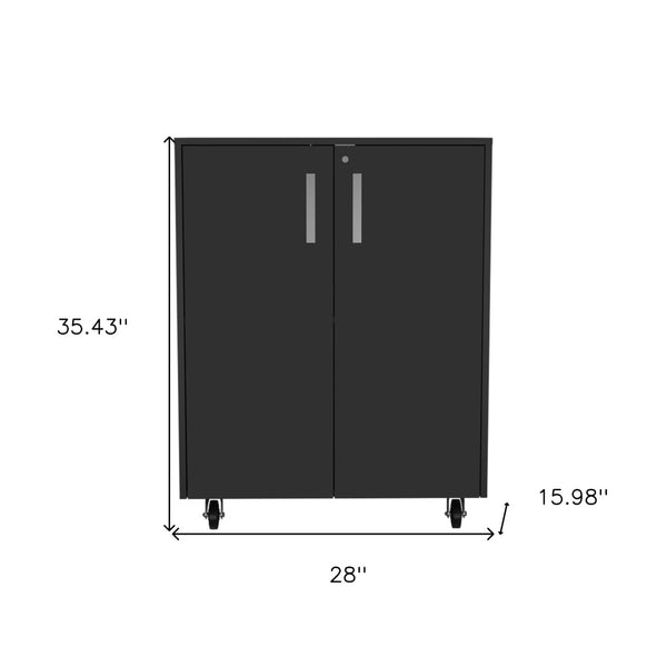 HomeRoots 35" Black Wood Rolling Storage Cabinet - Stylish Mobile Organizer with Hidden Storage & Shelves 479950