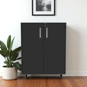 HomeRoots 35" Black Wood Rolling Storage Cabinet - Stylish Mobile Organizer with Hidden Storage & Shelves 479950