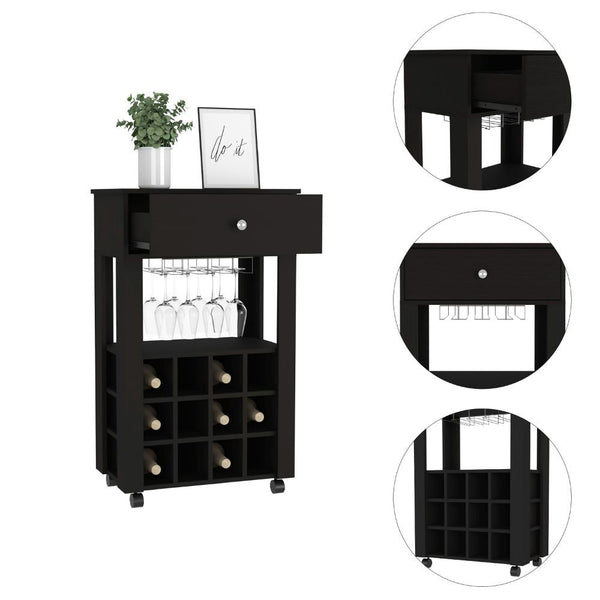 Homeroots Black Rolling Bar Cart With Wine Storage  Particle Board 479967