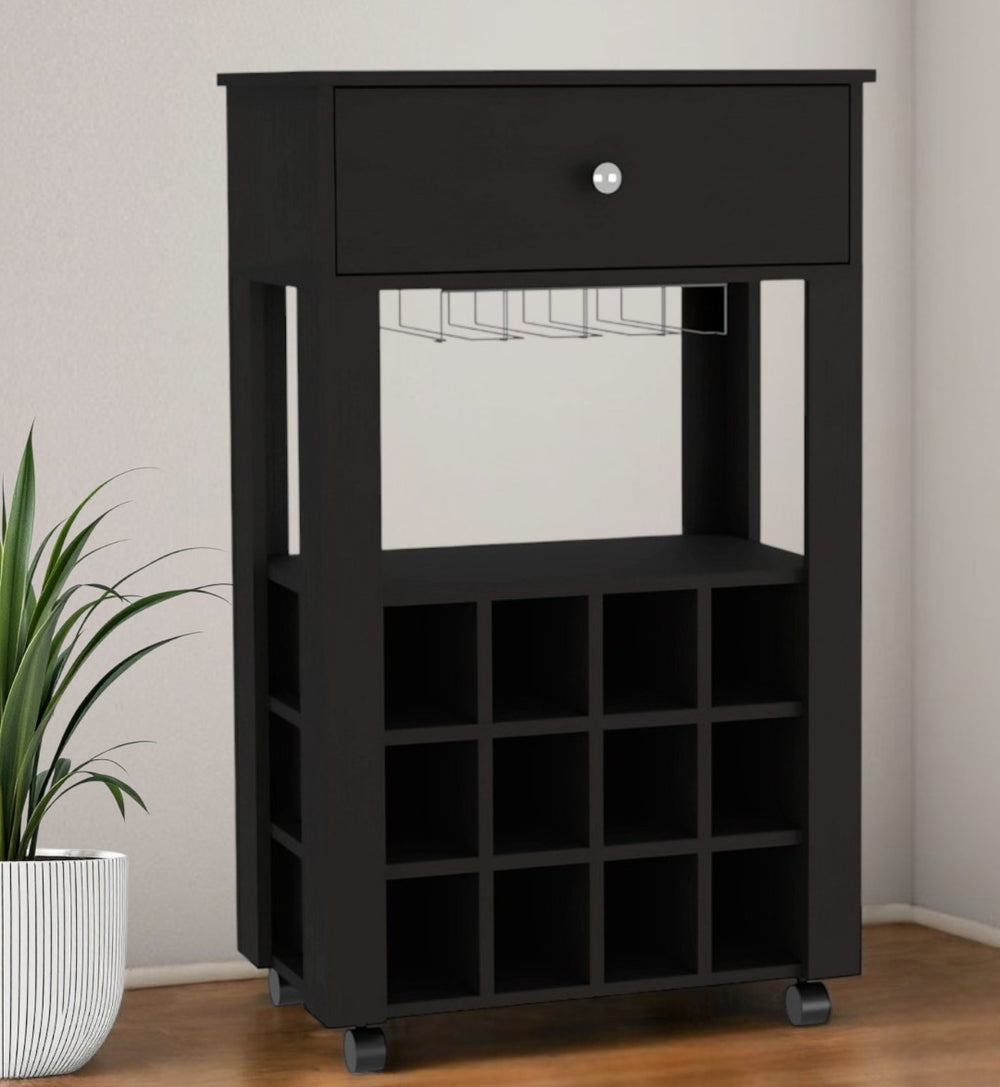 HomeRoots Black Rolling Bar Cart with Wine Rack – Stylish Mobile Storage for Entertaining & Home Decor 479967