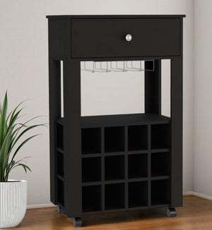 HomeRoots Black Rolling Bar Cart with Wine Rack – Stylish Mobile Storage for Entertaining & Home Decor 479967