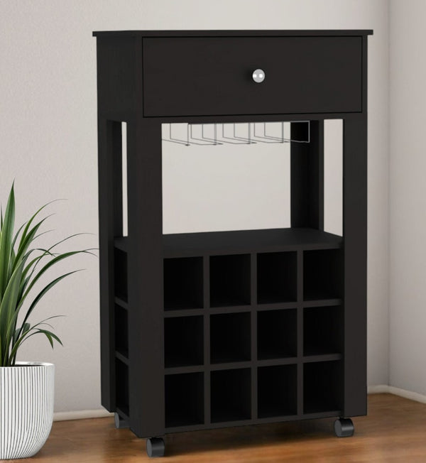 HomeRoots Black Rolling Bar Cart with Wine Rack – Stylish Mobile Storage for Entertaining & Home Decor 479967
