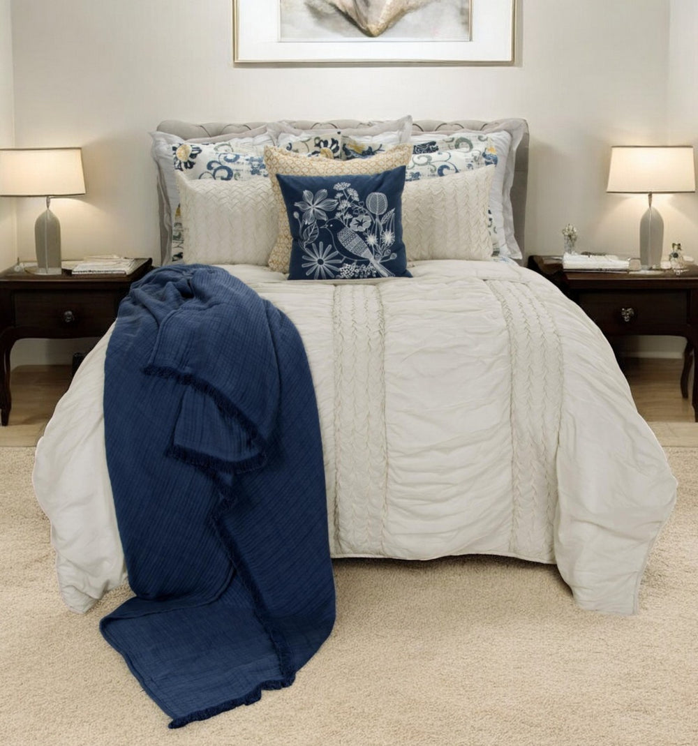 HomeRoots Ivory Geometric Quilt: Elegant Cotton Blanket for All-Season Comfort, Lightweight & Timeless Design 479984