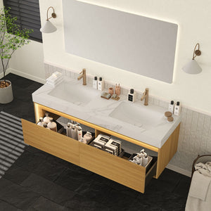 English Elm NYAH 60" Bathroom Vanity with Carrara White Sintered Stone Top, Dual Undermount Basins, LED Sensor Light, Soft-Close Drawers, Pre-Assembled Woodgrain Cabinet W2615S00368