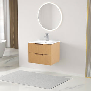 English Elm 24 Inch Floating Bathroom Vanity With Ceramic Sink - Modern Wall-Mounted Storage Cabinet In Light Brown W1550S00034