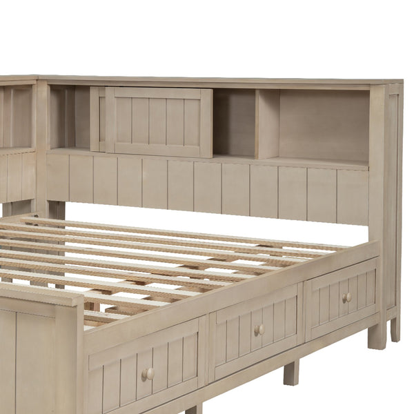 English Elm Full Full Size Wood Daybed with 3 Drawers & Shelves, Antique White Milk Finish — Storage, Charm, 400lb Capacity GX002214AAK