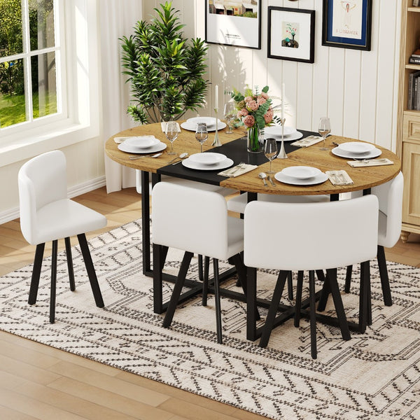 English Elm 7-piece Oval Dining Set with Pu Leather Chairs Modern Kitchen Table for Six Black,White,Wood W3875S00089