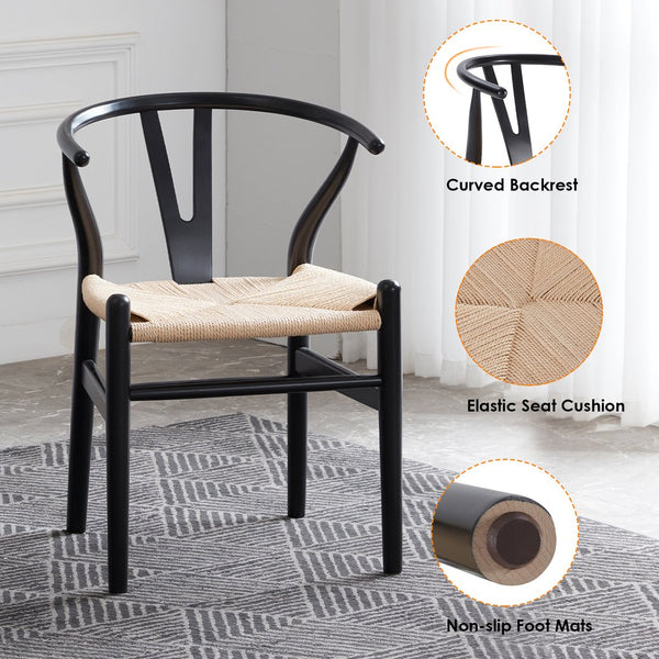 English Elm Two Wood Wishbone Dining Chairs Black Solid Beech & Ash Ergonomic Mid-Century Modern, Preassembled T3623P380676