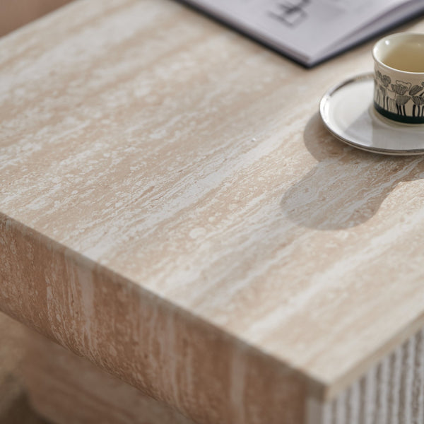 English Elm Coffee Table Mid Century Modern Oval with Faux Marble Top, Fluted Hidden Drawer, Small Space Friendly W3040P382310