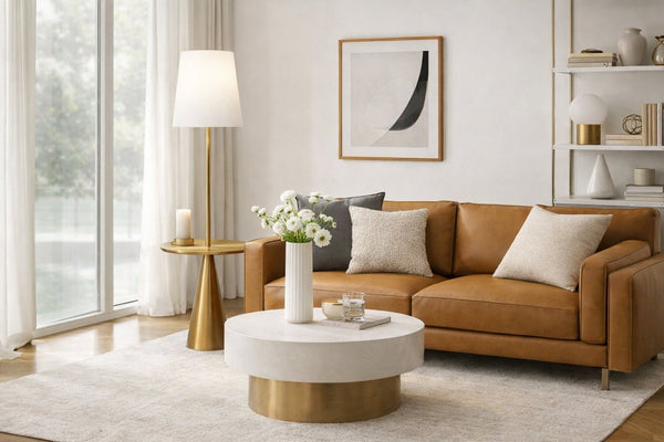 English Elm Celestial Brass Accent Table Floor Lamp with Wide White Shade for Living Rooms B183P231750