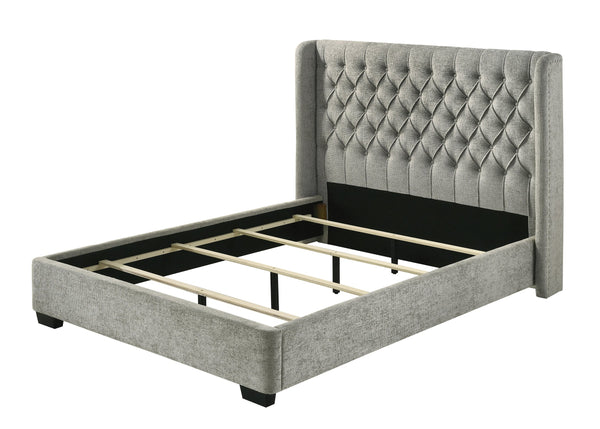 English Elm 1Pc Contemporary Upholstered Bed Frame - Tufted Winged Headboard In Soft Gray Tweed For Ultimate Comfort B2741S00256