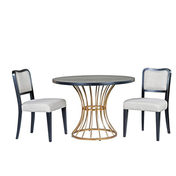 English Elm 42" Round Oak Veneer Pedestal Table Set with Beige Linen Chairs for Cozy Nooks N842S000127B