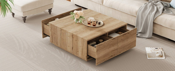 English Elm 33.25" Square Storage Coffee Table Four Drawer Matte Mdf Living Room Centerpiece Natural N735P422508N