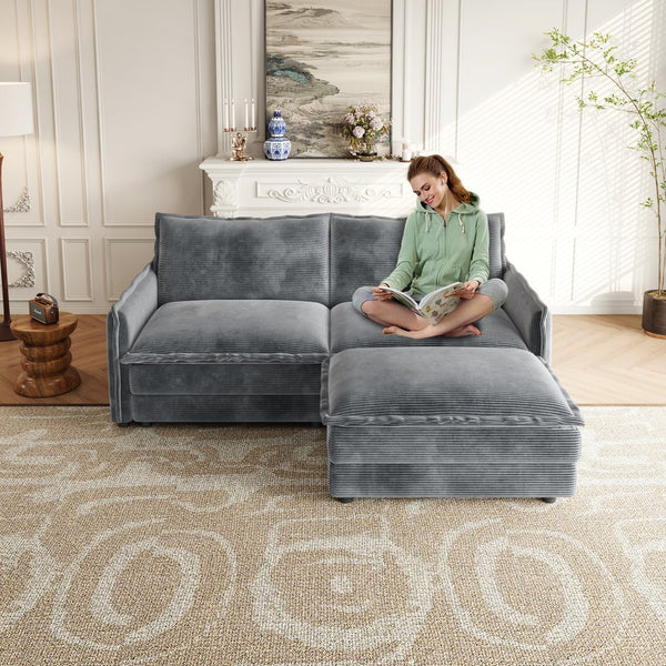 English Elm Corduroy 2-Seater L-Shaped Loveseat Sofa With Ottoman - Cozy, Modular Design For Any Space W834S00416