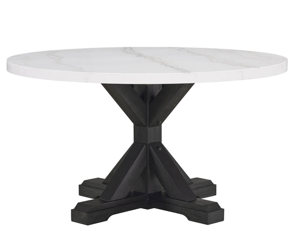 English Elm 1pc Round Faux Marble Dining Table 54" Glossy Top on Black Tapered Legs Modern Centerpiece White 34 L x 34 W x 14 H B011S00988