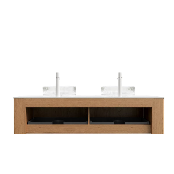English Elm Dina 60 Inch Floating Bathroom Vanity Sintered Stone Top Dual Glass Basins Wood Grain Carrara White,Natural Wood,Transparent W2615S00239