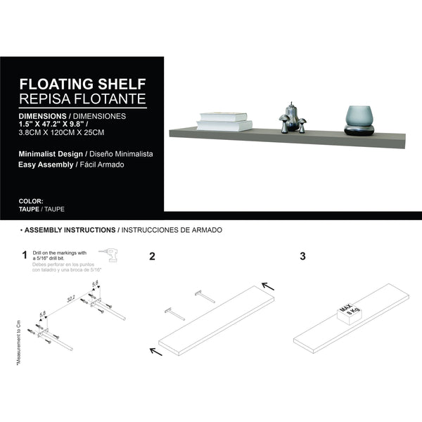 English Elm Taupe Floating Shelf 47.3" x 9.8" Minimalist Wall Shelf | Elegant Neutral Finish, Easy Assembly, Versatile Decor B062P252157