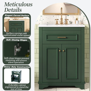 English Elm 24" Matte Single Sink Vanity Solid Poplar Frame Gold Hardware Soft Close Cabinet Green N710P389449F