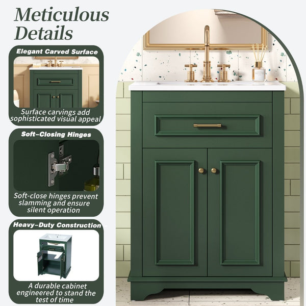 English Elm 24" Matte Single Sink Vanity Solid Poplar Frame Gold Hardware Soft Close Cabinet Green N710P389449F