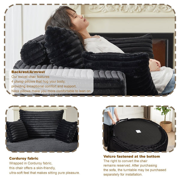 English Elm 55'l Chenille Round Sleeper Chair Fluffy Sculptural Seat for Living Room or Bedroom Black W834P401584