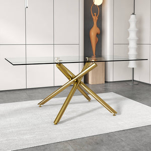 English Elm Large Rectangular Glass Dining Table For 4-8 People, Modern Design With Gold Metal Legs & Durability W1151S03180
