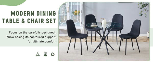 English Elm Table 5-Piece Modern Glass Dining Set With 4 Black Linen Chairs And Stylish Metal Legs For Home W1151S03668-GIGA