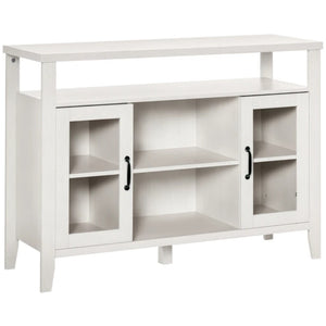 English Elm Modern White Sideboard Buffet with Glass Doors Open Shelving and Distressed Wood Finish T3971P470306