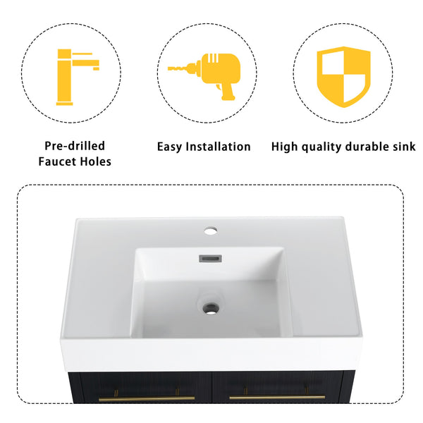 English Elm 30 Inch Freestanding Bathroom Vanity With Modern Resin Sink & Soft-Close Doors For Easy Storage W999S00178