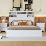 Queen Size Vintage Platform Bed,With Storage Headboard and Charging Station, White