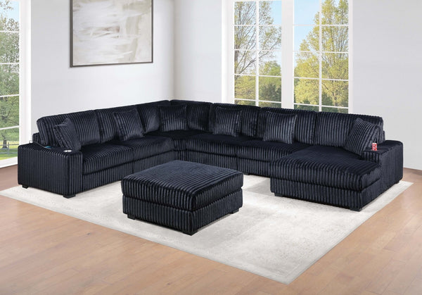 English Elm Contemporary 7 Piece Modular U Shaped Sectional Sofa in Plush Black Corduroy with Usb Port B011S02236