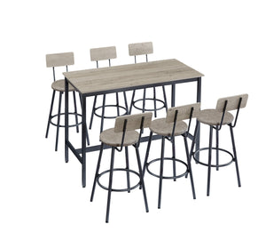 English Elm Pub Industrial Style 7-Piece High Dining Set with Steel Frame, PU Padded Bar Chairs, Adjustable Feet Grey W1668P193689