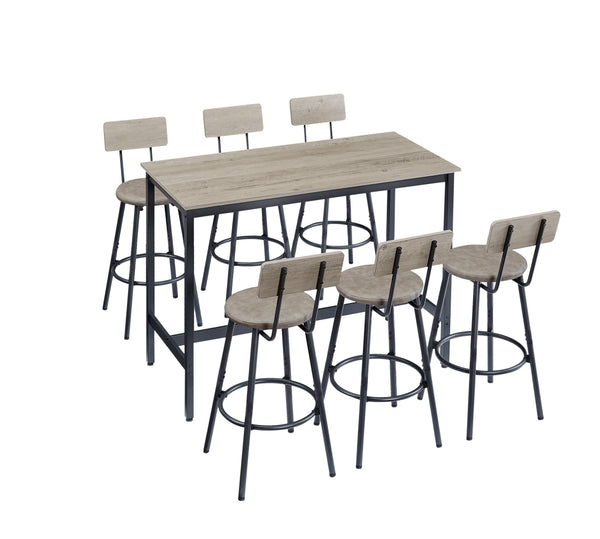 English Elm Pub Industrial Style 7-Piece High Dining Set with Steel Frame, PU Padded Bar Chairs, Adjustable Feet Grey W1668P193689