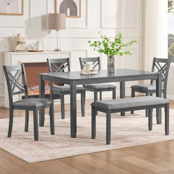 English Elm 6 Piece Rubberwood Dining Set with Bench and Linen Chairs for Transitional Kitchen W1998S00105
