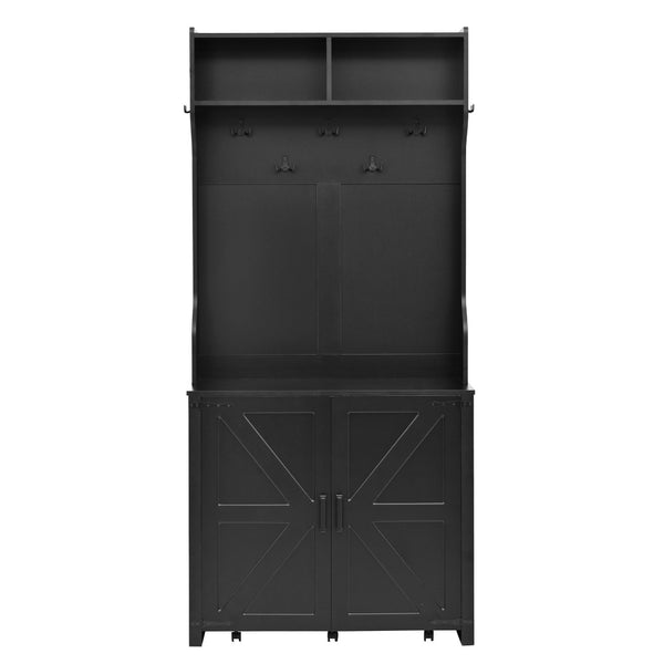 English Elm On-Trend 4-In-1 Farmhouse Hall Tree: Movable Bench, 7 Hooks, Shoe Storage & Rustic Style For Entryway N721P205788B-GIGA