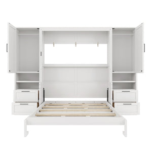 English Elm Queen Murphy Fold Down Wall Bed with Wardrobe Drawers and Shelves for Guest Rooms White LP000909AAK-2