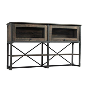 English Elm Hutch, Sleek Brown-Finish Display Unit With Adjustable Shelves & Industrial Metal Frame For Storage B356P367892
