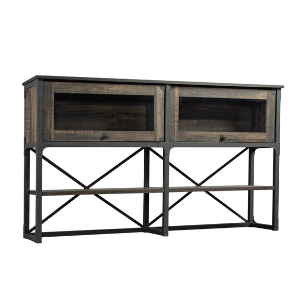 English Elm Hutch, Sleek Brown-Finish Display Unit With Adjustable Shelves & Industrial Metal Frame For Storage B356P367892