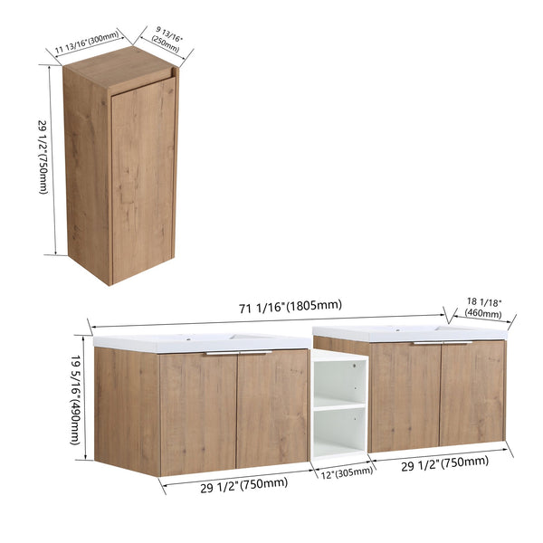 English Elm 72" Wall-Mounted Bathroom Vanity Set With Dual Sinks, Soft-Close Doors & Side Cabinet For Storage W999S00227