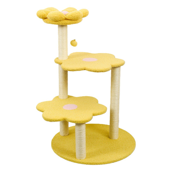 English Elm Cat Tree Daisy Floral Multi Level Climbing Tower with Sisal Posts and Plush Perch Yellow W243P451495