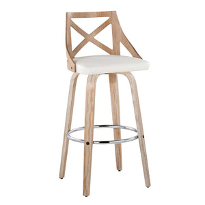English Elm Fixed-height Swivel Barstools Whitewashed Wood Faux Leather Seat Chrome Footrest Set 2 B202S01890