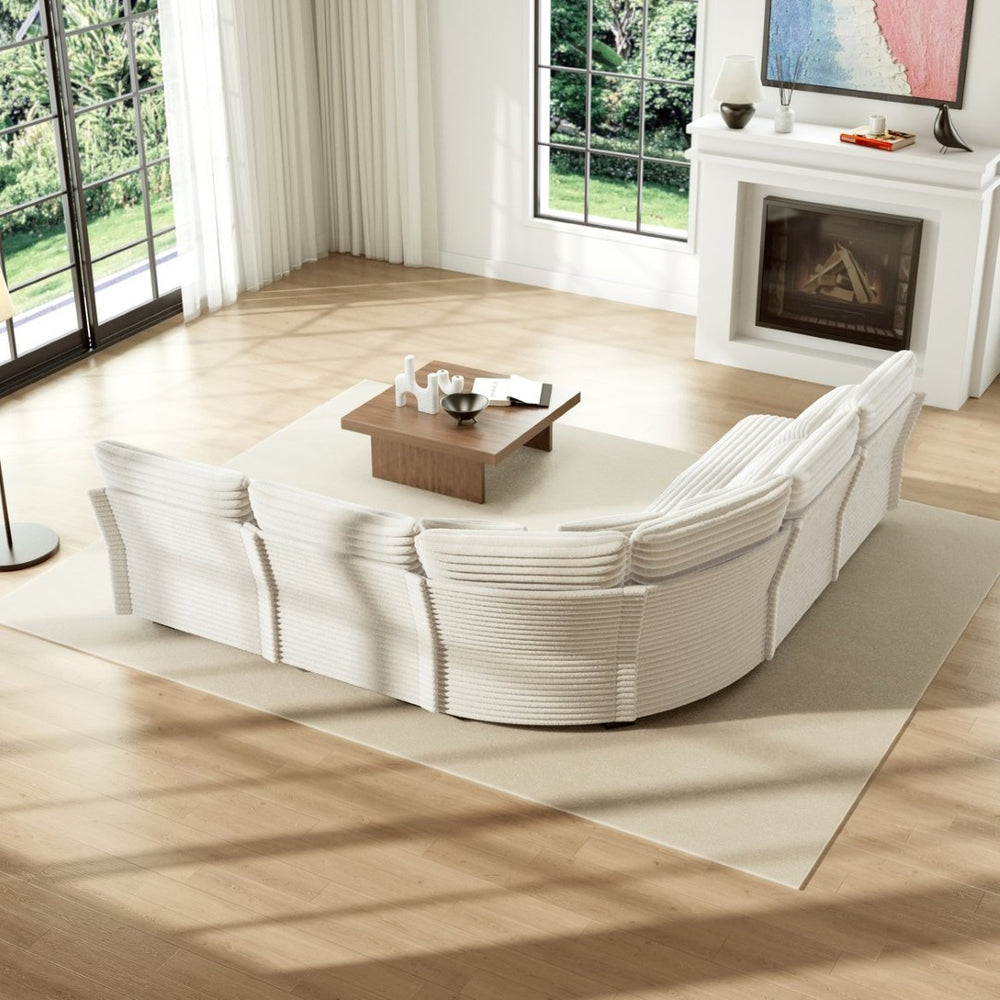 English Elm 5-seater Curved Corner Sectional Sofa Ribbed Corduroy Upholstery with Seven Accent Pillows Beige W2606S00014