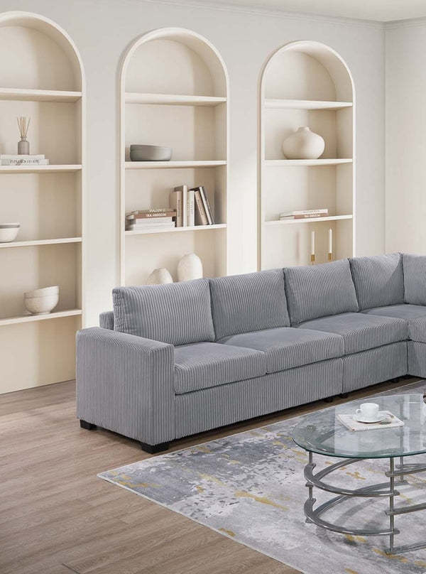 English Elm Modern 4-Piece Corduroy L-Shaped Sectional Sofa with Console, Cup Holders, USB Port, Plush Seating Light Gray 53.5 L x 39 W x 27 H B011S01753
