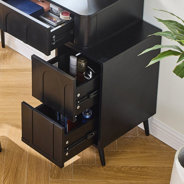 English Elm Modern Makeup Vanity Desk with Slide-Out Cabinet, LED Mirror, 4 Soft-Close Drawers & Cushioned Stool Black N844P257529B