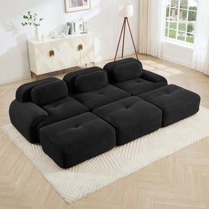 English Elm Three-seat Modular Corduroy Sectional Sofa with Ottomans for Living and Media Rooms Black W714S01278