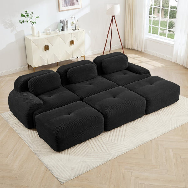 English Elm Three-seat Modular Corduroy Sectional Sofa with Ottomans for Living and Media Rooms Black W714S01278