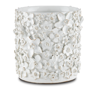 Jessamine Decorative White Cachepot - Artisan-Crafted Floral Design for Indoor Plant Display