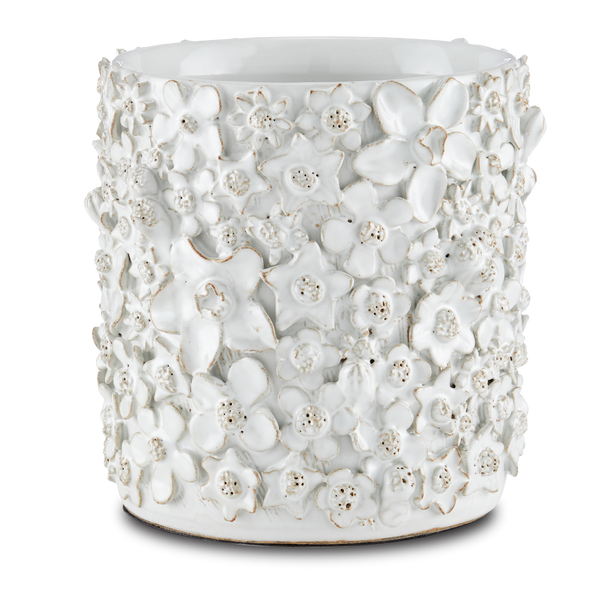Jessamine Decorative White Cachepot - Artisan-Crafted Floral Design for Indoor Plant Display