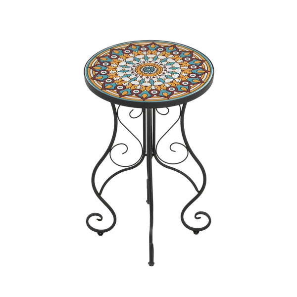 English Elm Christopher Knight Home® - Round Ceramic Outdoor Side Table with Colorful Floral Tile Top, Matte Black Iron Frame, Weatherproof N768P214935B